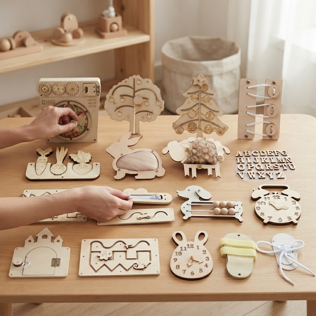 Montessori Wooden Busy Board Toddler - Papan Aktivitas Montessori Kayu, Puzzle DIY,